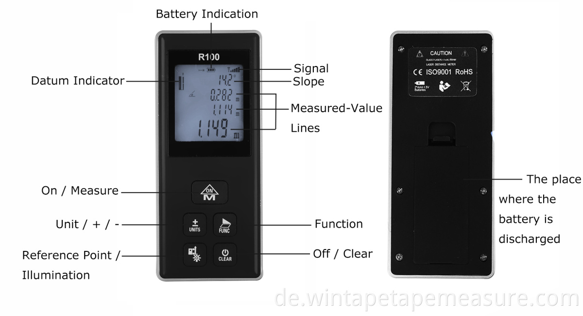 100m Digital Tape Meter Ranger Entfernungsmesswerkzeug Lasermessung Laser-Entfernungsmesser Entfernungsmesser +/-1,5 mm 0,1-3 S R100